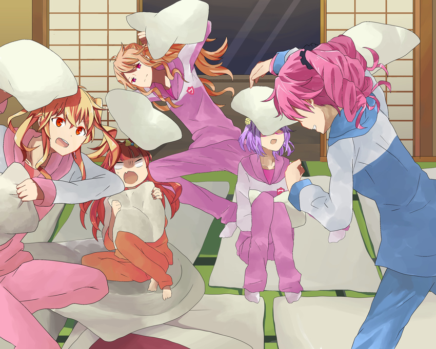 aikatsu!_(series) aikatsu_stars! commentary_request futon highres inn nanakura_koharu nijino_yume pillow pillow_fight sakuraba_rola saotome_ako