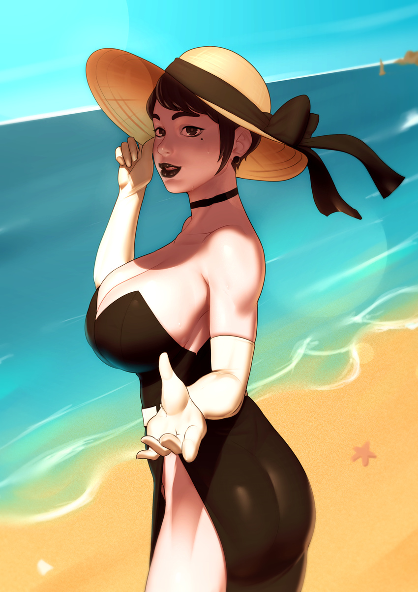 absurdres ass beach black_dress black_eyes black_hair black_lipstick borrowed_character breasts choker cleavage dress hat highres john_doe large_breasts lips lipstick looking_at_viewer makeup miss_chance_(gastrictank) mole mole_under_eye no_bra no_panties original outdoors pale_skin short_hair side_slit solo strapless strapless_dress sun_hat water