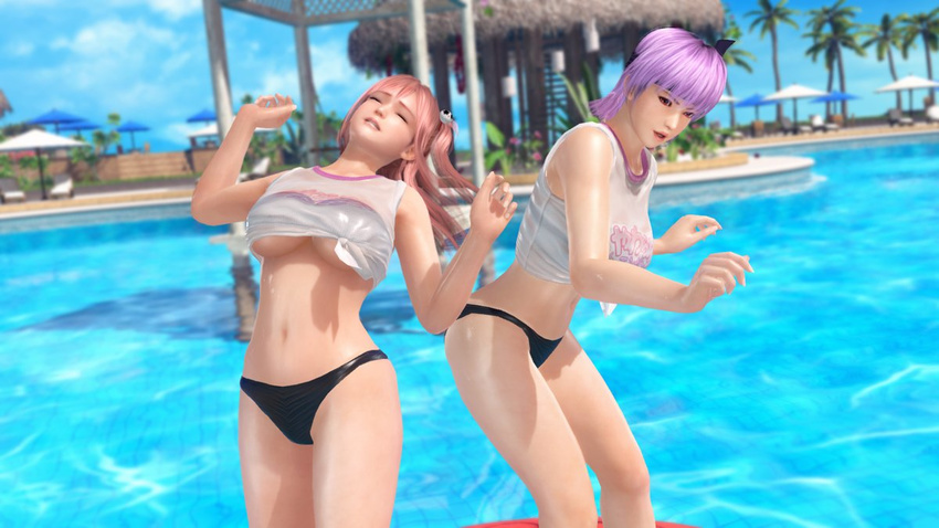 3d ayane_(doa) breasts dead_or_alive dead_or_alive_5 dead_or_alive_xtreme_3_fortune dead_or_alive_xtreme_beach_volleyball honoka_(doa) large_breasts midriff official_art pink_hair purple_hair tecmo