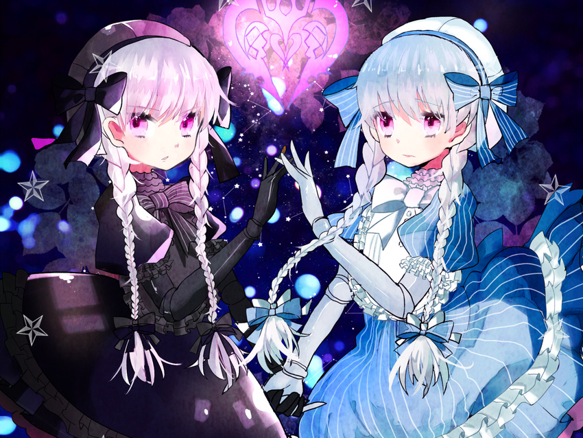 2girls blue_eyes blue_hair blush cropped dress fate/extra fate_(series) gloves goth-loli headdress lolita_fashion long_hair night pink_eyes pink_hair stars tagme_(artist) twins