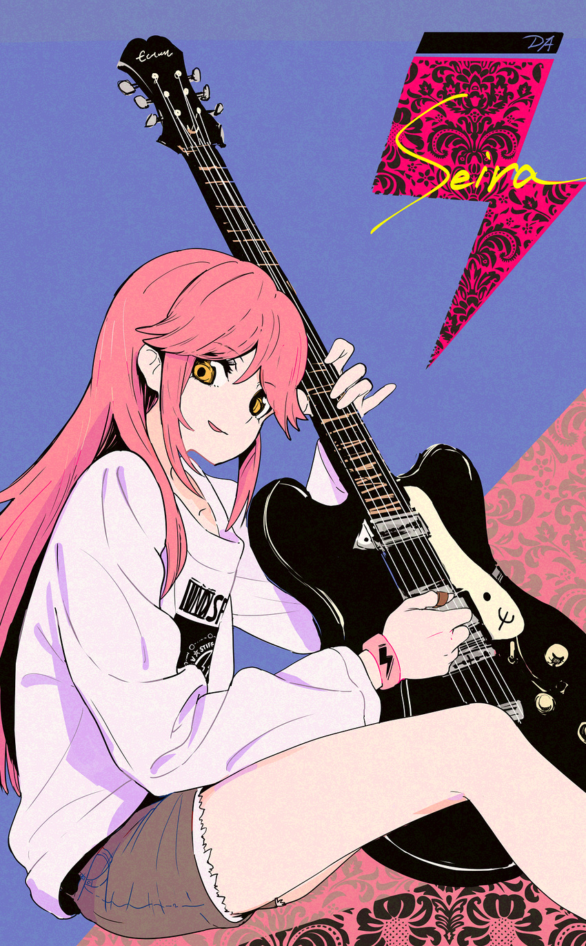 aikatsu! aikatsu!_(series) character_name guitar highres instrument kogecha_(coge_ch) lightning_bolt long_hair looking_at_viewer orange_eyes otoshiro_seira oversized_clothes pink_hair shirt shorts sitting solo tongue tongue_out wristband