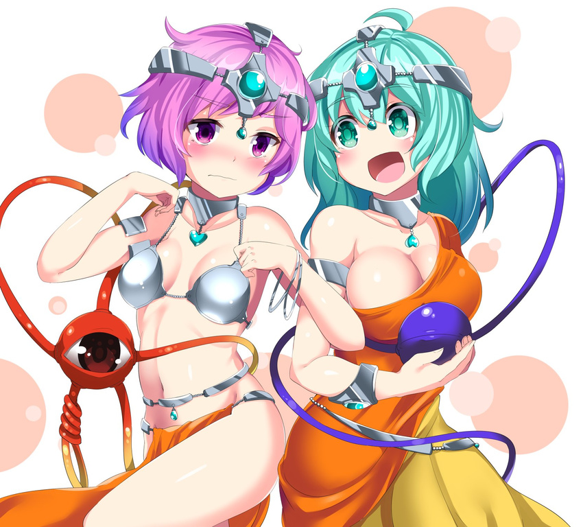 :d alternate_costume armlet bare_shoulders blush breasts choker cleavage collarbone commentary_request cosplay cowboy_shot dancer dragon_quest dragon_quest_iv eyeball green_eyes green_hair groin headgear heart highres hitotsuki_nebura indian_clothes komeiji_koishi komeiji_satori large_breasts locked_arms looking_at_another looking_down manya manya_(cosplay) minea minea_(cosplay) multiple_girls navel nose_blush open_mouth pelvic_curtain purple_eyes purple_hair revealing_clothes siblings sisters small_breasts smile thighs third_eye touhou