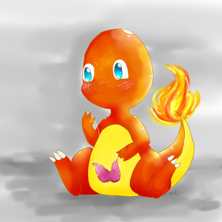 2016 animal_genitalia animal_penis blue_eyes blush charmander cum digital_media_(artwork) erection fire hemipenes lizard multi_penis nintendo orange_skin penis pok&eacute;mon raveneevee reptile scalie simple_background solo video_games