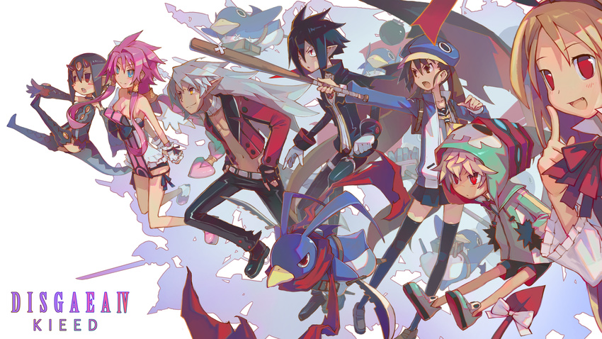 4girls absurdres bad_id bad_pixiv_id bat black_hair blonde_hair blue_eyes blush_stickers boots brown_eyes brown_hair copyright_name demon_tail desco_(disgaea) disgaea emizel_(disgaea) fang fenrich_(disgaea) flonne flonne_(fallen_angel) grey_hair highres holding holding_weapon jacket kazamatsuri_fuuka kieed knife laharl laharl_(prinny) long_hair makai_senki_disgaea_4 miniskirt multiple_boys multiple_girls open_clothes open_jacket open_mouth pants pink_hair pleated_skirt pointy_ears prinny red_eyes red_scarf scarf shoes short_hair skirt smile spiked_hair tail thighhighs twintails valvatorez_(disgaea) vulcanus_(disgaea_4) weapon