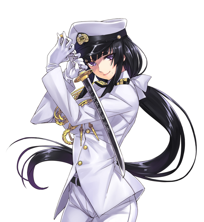 aiguillette bangs belt black_hair blunt_bangs bow breasts buttons female_admiral_(kantai_collection) fighting_stance gloves hair_bow hands_up hat highres holding holding_weapon kantai_collection large_breasts light_smile long_hair long_sleeves looking_at_viewer low_ponytail matsuryuu military military_uniform mole mole_under_mouth naval_uniform pants peaked_cap ponytail purple_eyes simple_background smile solo standing sword uniform very_long_hair wakizashi weapon white_background white_gloves