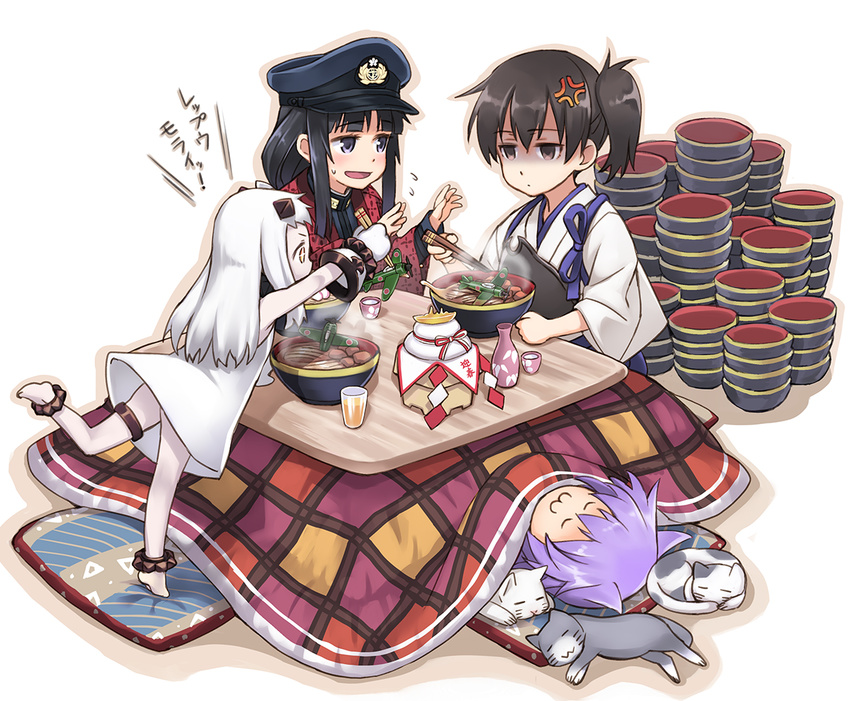 :3 :d a7m_reppuu ahoge aircraft airplane anger_vein black_eyes black_hair cat chopsticks closed_eyes cushion dress female_admiral_(kantai_collection) flying_sweatdrops food hanten_(clothes) hat horns kaga_(kantai_collection) kagami_mochi kantai_collection kotatsu leg_up long_hair lying matsuryuu mittens multiple_girls muneate noodles northern_ocean_hime on_back open_mouth peaked_cap purple_hair reaching_out shaded_face shide shinkaisei-kan short_hair side_ponytail sleeping smile soba standing table tama_(kantai_collection) tasuki teruyof tiptoes translated white_dress white_hair white_skin