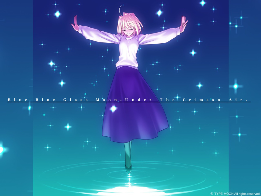 ahoge arcueid_brunestud black_legwear blonde_hair closed_eyes dress full_moon glitter glowing long_skirt long_sleeves moon outstretched_arms pantyhose pullover purple_skirt reflection shoes short_hair skirt smile solo spread_arms sweater takeuchi_takashi tsukihime turtleneck wallpaper water