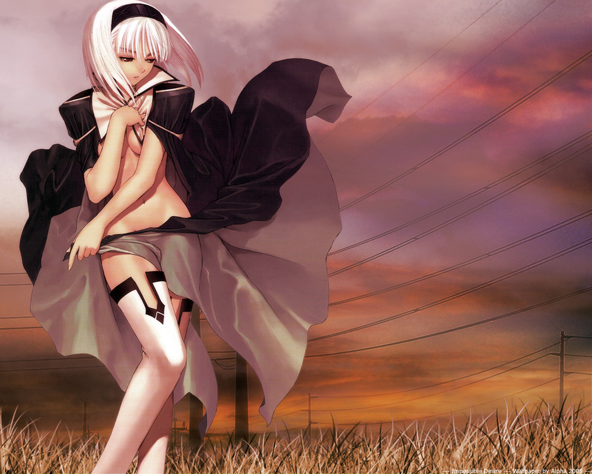 aira_blanc_neige_galdinius albino aqua_cape armlet bangs blue_cape blue_hairband breasts breasts_apart cape cape_lift cloud cloudy_sky covering covering_breasts dated feet_out_of_frame field floating_hair full_body gem grass groin hair_between_eyes hairband half-closed_eyes hand_on_own_chest hips holding holding_cape legs_together looking_away looking_down medium_breasts medium_hair multicolored multicolored_clothes naked_cape navel nude_cover official_art outdoors parted_lips popped_collar power_lines red_eyes sapphire_(stone) shining_(series) shining_tears shoulder_pads skirt sky solo standing straight_hair sunset tanaka_takayuki telephone_pole thighhighs third-party_edit underboob wallpaper watermark white_hair white_legwear wind wind_lift