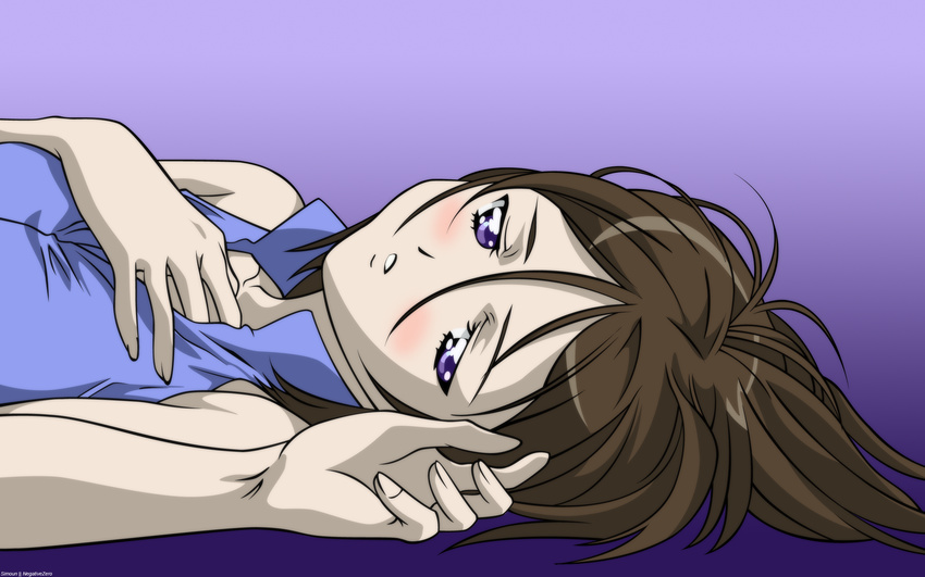 alti bare_arms bare_shoulders blush brown_hair gradient gradient_background highres lying negativezero on_back purple_background purple_eyes simoun sleeveless solo upper_body vector_trace wallpaper