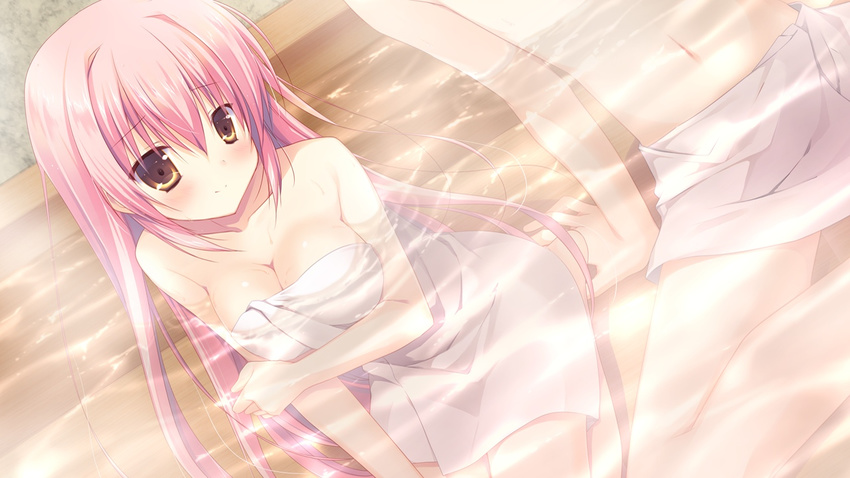 1girl breasts brown_eyes brown_hair cleavage game_cg izayoi_no_fortuna large_breasts long_hair mixed_bathing miyasaka_miyu naked_towel pink_hair shiomiya_lucia smile towel