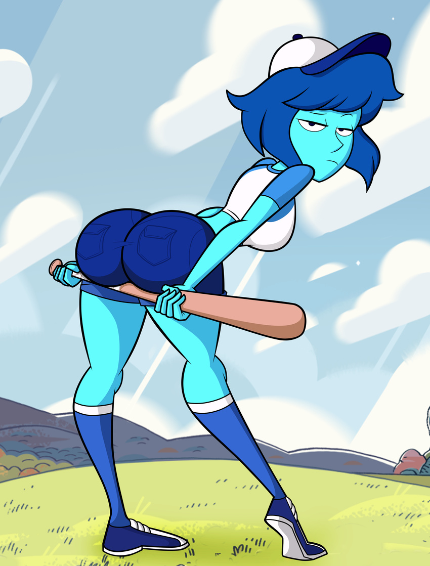 absurd_res alien baseball_bat big_butt blue_eyes blue_hair blue_skin breasts butt cartoon_network female frown gem_(species) grimphantom hair hat hi_res humanoid lapis_lazuli_(steven_universe) looking_at_viewer solo steven_universe