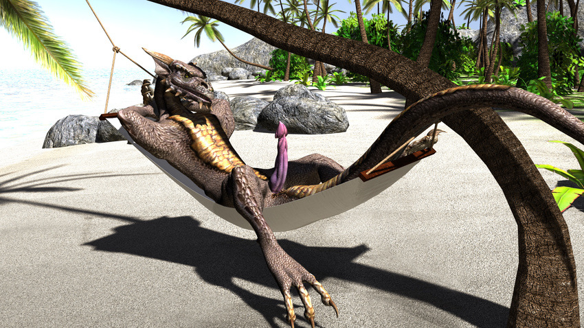 3d_(artwork) anthro claws detailed_background digital_media_(artwork) dragon erection hammock looking_at_viewer lying male millennium_dragon palm_tree penis relaxing sand scalie sea solo tagme tree water