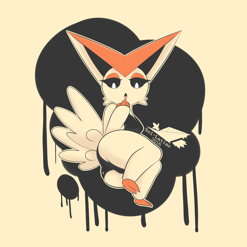 2016 absurd_res anthro anthrofied black_sclera breasts butt clothed clothing cream_fur english_text female fur half-closed_eyes hi_res latiar legendary_pok&eacute;mon looking_at_viewer lying nintendo on_side open_mouth orange_fur pok&eacute;mon pok&eacute;morph signature solo text tongue victini video_games white_eyes