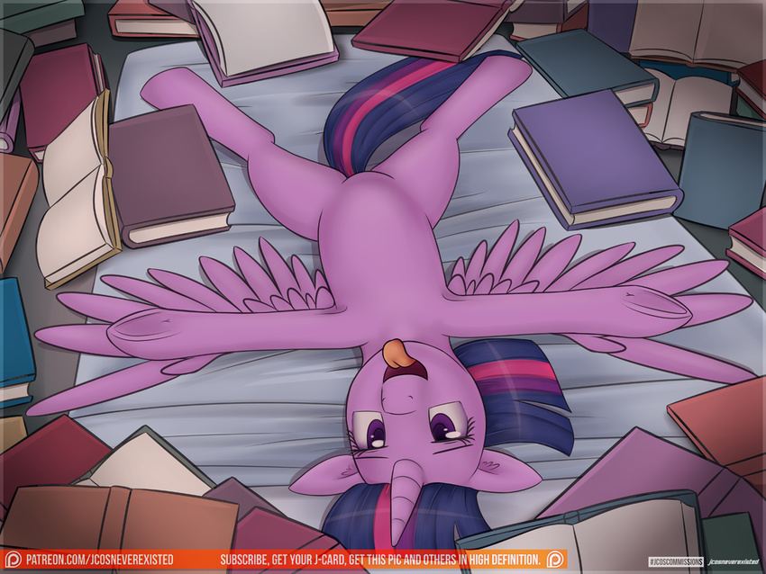 armpits bed book equine feathered_wings feathers female feral friendship_is_magic hair horn jcosneverexisted lying mammal multicolored_hair my_little_pony on_back purple_eyes solo tongue tongue_out twilight_sparkle_(mlp) winged_unicorn wings