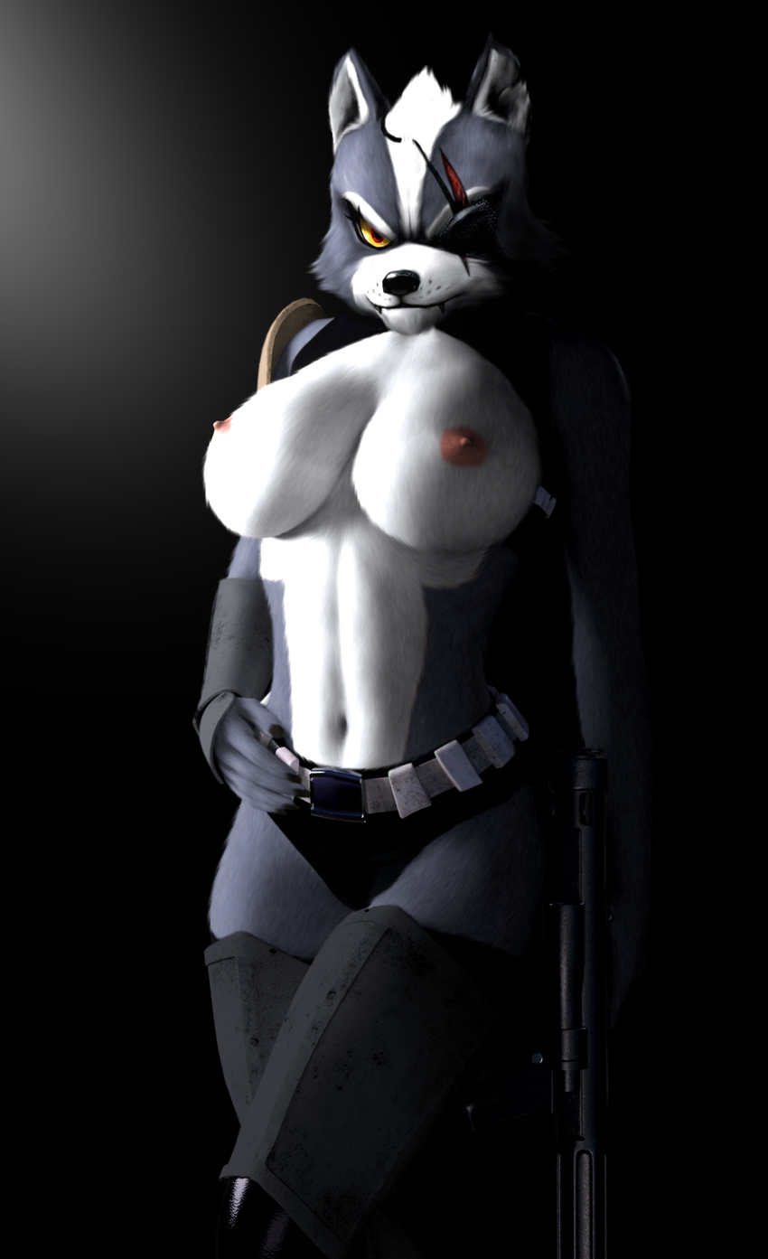 anthro armor big_breasts blue_fur breasts canine clothed clothing crossgender edit eye_patch eyewear female fur gun mammal nintendo nipples oystercatcher7 photo_manipulation photomorph ranged_weapon scar solo star_fox topless video_games weapon white_fur wolf wolf_o'donnell