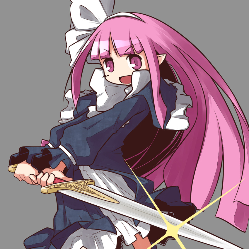 bangs black_dress blunt_bangs disgaea dress grey_background guriko_(mossari) hair_ribbon hairband highres holding holding_weapon long_hair looking_at_viewer mage_(disgaea) open_mouth pointy_ears purple_eyes purple_hair ribbon simple_background smile solo standing sword weapon