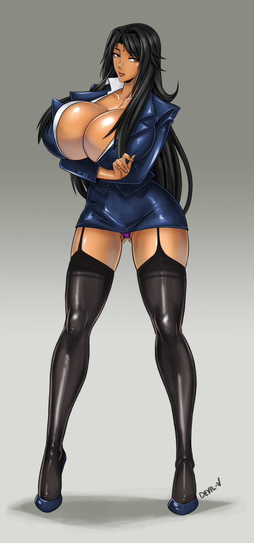 1girl artist_name black_hair breasts brown_eyes business_suit cleavage dark_skin devil-v female full_body gigantic_breasts highres indian long_hair long_legs looking_at_viewer original parted_lips solo standing stockings thighhighs