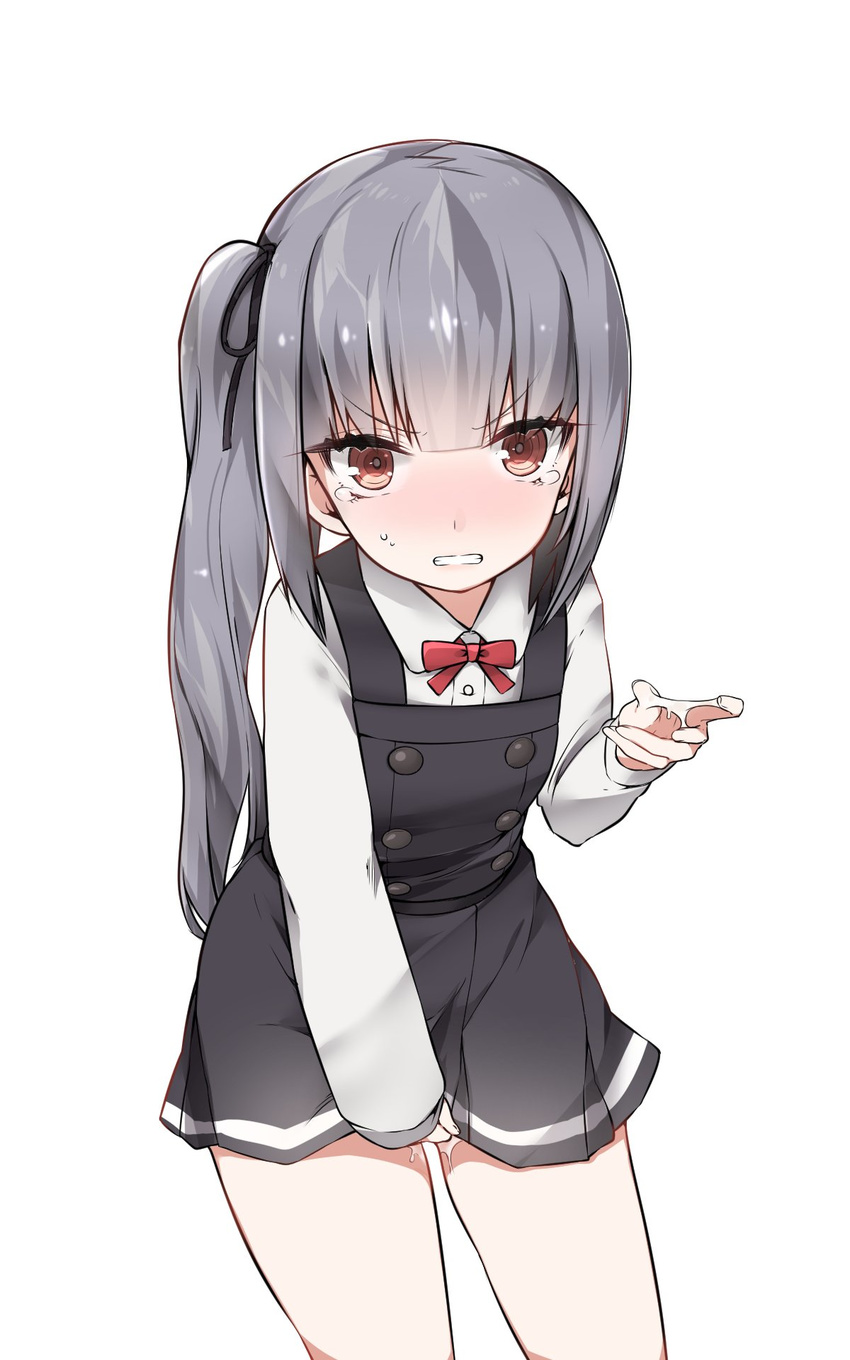 bad_id bad_twitter_id blush brown_eyes clenched_teeth eyebrows eyebrows_visible_through_hair hair_ribbon highres kantai_collection kasumi_(kantai_collection) long_hair looking_at_viewer mitsudoue pussy_juice remodel_(kantai_collection) ribbon school_uniform side_ponytail silver_hair simple_background solo suggestive_fluid teardrop teeth