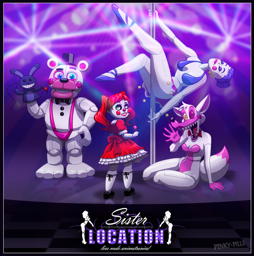 2016 animatronic baby_(fnaf) bear canine digital_media_(artwork) five_nights_at_freddy's fox funtime_foxy_(fnaf) funtime_freddy_(fnaf) hi_res humanoid lagomorph machine mammal pinkypills_(artist) puppet puppet_bonnie_(fnaf) robot sister_location video_games