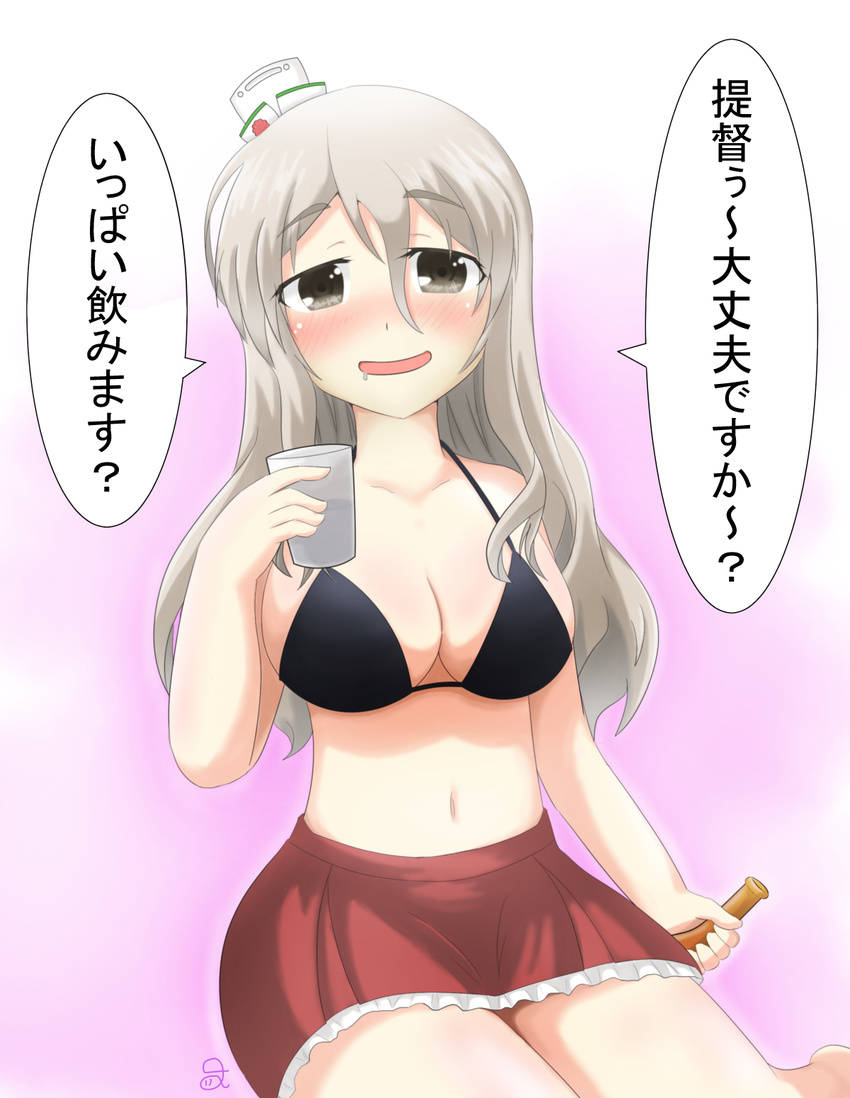 achilles alternate_costume bare_shoulders black_eyes breasts cleavage commentary_request daijoubu?_oppai_momu? drunk eyebrows grey_hair hat highres kantai_collection large_breasts long_hair looking_at_viewer mini_hat partially_translated pleated_skirt pola_(kantai_collection) silver_hair skirt solo translation_request wavy_hair