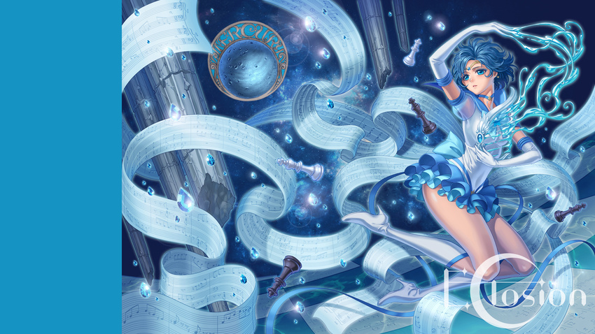 bass_clef beamed_eighth_notes bishoujo_senshi_sailor_moon bishoujo_senshi_sailor_moon_crystal blue_choker blue_eyes blue_hair blue_sailor_collar blue_skirt boots chess_piece choker earrings eclosion eighth_note eighth_rest elbow_gloves flat_sign full_body gloves highres jewelry knee_boots layered_skirt looking_at_viewer magical_girl mizuno_ami musical_note natural_sign pillar quarter_note sailor_collar sailor_mercury sailor_senshi_uniform short_hair skirt solo star star_choker super_sailor_mercury_(stars) tiara time_signature treble_clef white_footwear white_gloves