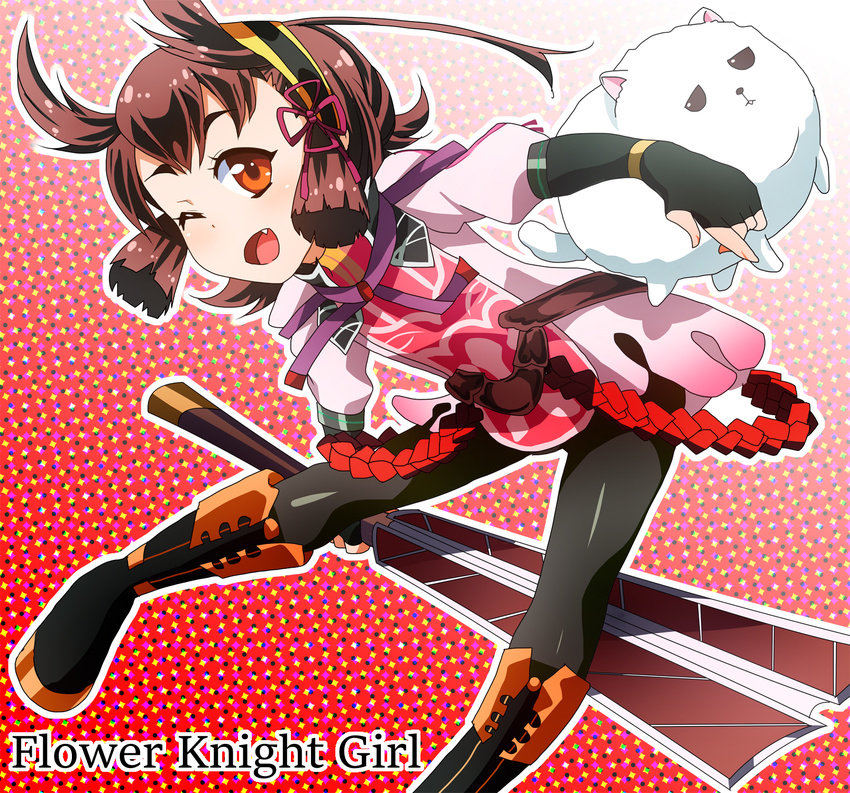 ;d antenna_hair black_gloves black_legwear boots brown_eyes brown_hair copyright_name dog fingerless_gloves flower_knight_girl gloves hairband highres inutade_(flower_knight_girl) knee_boots leaning_forward masako_(sabotage-mode) one_eye_closed open_mouth pantyhose reverse_grip shirt short_hair sidelocks smile solo sword weapon