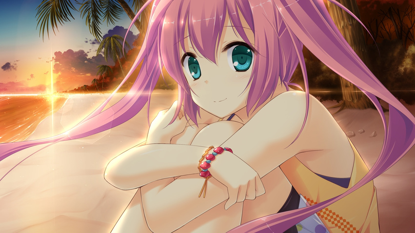 1girl beach blue_eyes female game_cg koisuru_natsu_no_last_resort long_hair marui_(koedame) mottsun pink_hair solo sunset tsukumi_sango twintails