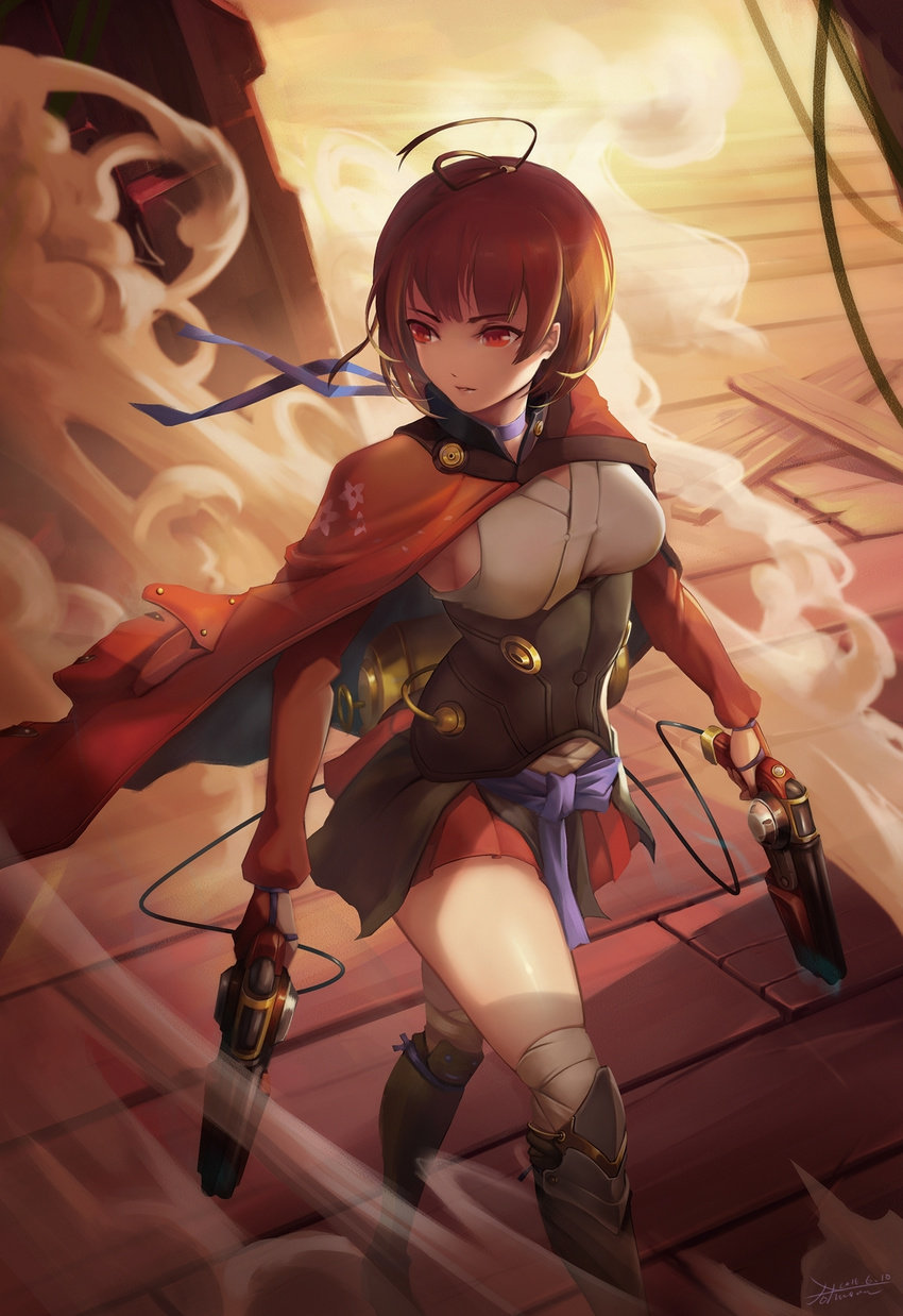 breasts brown_eyes brown_hair choker crow_aberdeen dual_wielding hakama_skirt highres holding koutetsujou_no_kabaneri medium_breasts mumei_(kabaneri) red_eyes short_hair sideboob skirt solo thighs walking