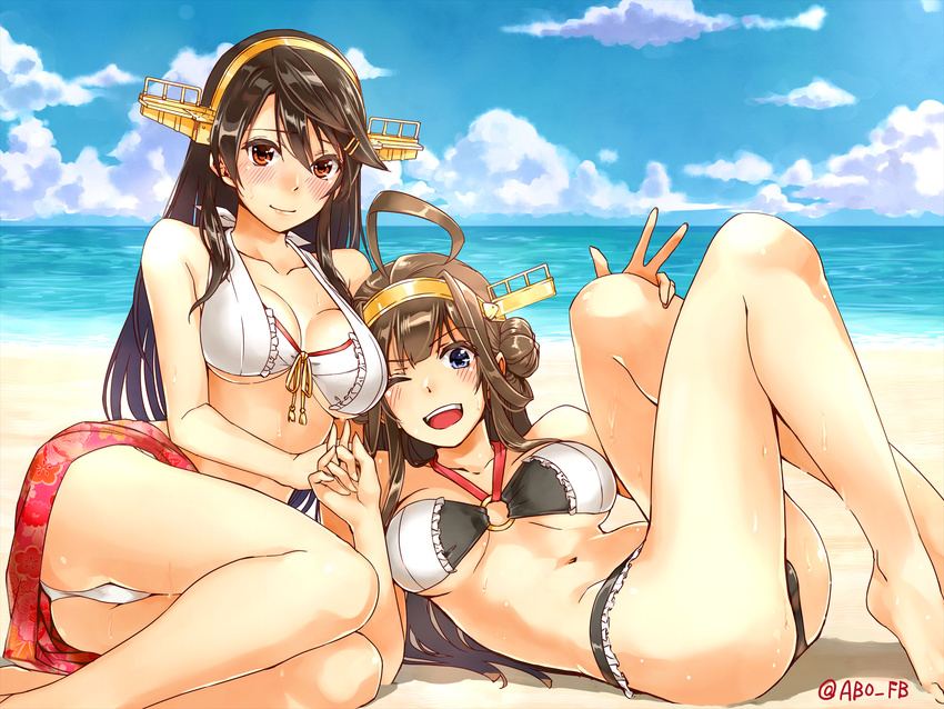 ;d abo_(hechouchou) adapted_costume ahoge ass bangs bare_legs barefoot beach bikini black_bikini blue_eyes blue_sky blunt_bangs breasts breasts_apart brown_hair cleavage closed_mouth cloud collarbone day eyebrows eyebrows_visible_through_hair floral_print frilled_bikini frills hair_bun hairband hand_on_own_knee haruna_(kantai_collection) headgear highres holding_hands interlocked_fingers kantai_collection kongou_(kantai_collection) large_breasts long_hair looking_at_viewer lying multiple_girls navel o-ring o-ring_top on_back one_eye_closed open_mouth outdoors red_eyes sand sarong shore sitting sky smile stomach summer sweatdrop swimsuit teeth twitter_username underboob water white_bikini yokozuwari
