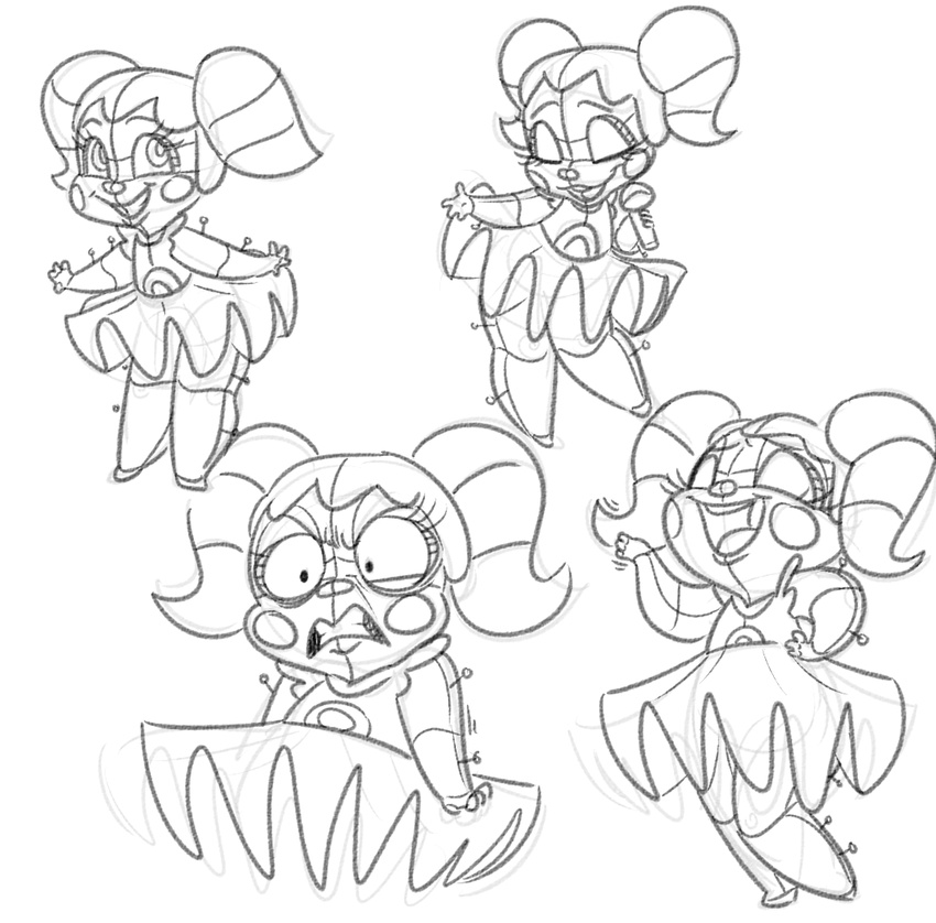 angry animatronic baby_(fnaf) ballerina cats_don't_dance eyes_closed female humanoid looking_at_viewer machine model_sheet monochrome robot sister_location smile solo style_parody tutu unnecessaryfansmut