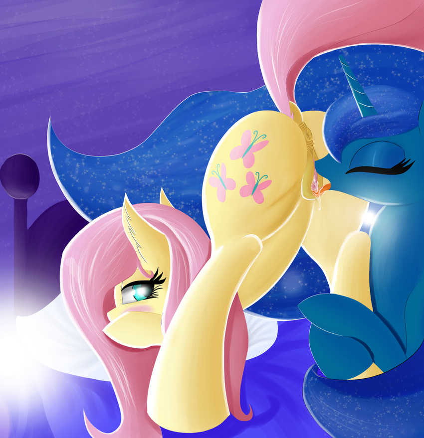 2016 abstract_background anatomically_correct anatomically_correct_pussy animal_genitalia animal_pussy anus bed blue_eyes blue_fur blue_hair blush butt cunnilingus cutie_mark duo equine equine_pussy eyes_closed female feral fluttershy_(mlp) friendship_is_magic fur hair horn horse looking_back mammal my_little_pony oral pillow pink_hair pony princess_luna_(mlp) pussy pussy_juice sex tongue tongue_out twiren unicorn vaginal yellow_fur