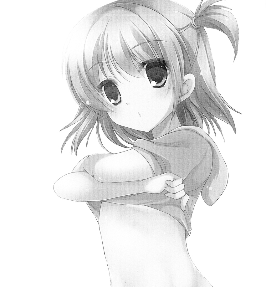absurdres blush copyright_request eyepatch greyscale highres lifted_by_self looking_at_viewer midriff minakami_rinka monochrome one_side_up shirt_lift short_sleeves simple_background solo tareme white_background