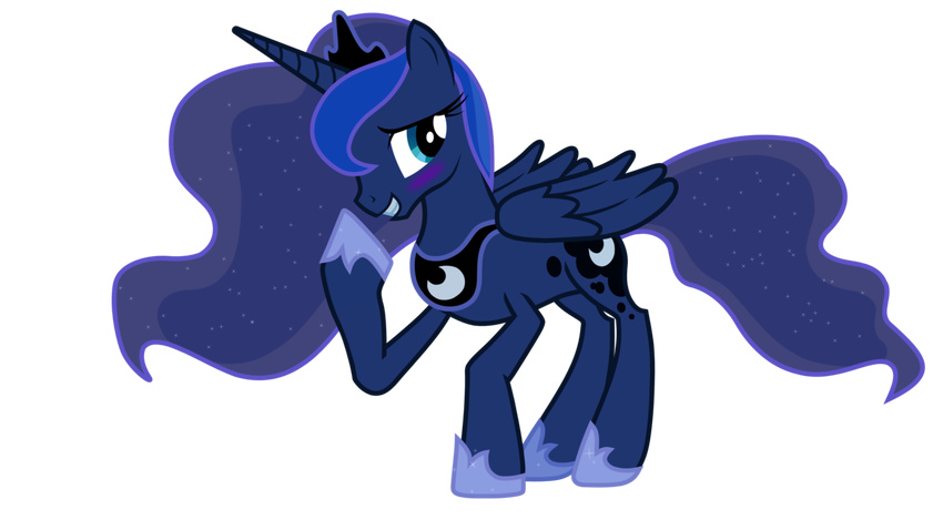 blue_eyes blue_feathers blue_hair blush cutie_mark embarrassed equine feathered_wings feathers female feral friendship_is_magic fur hair horn horse lerauxart_(artist) mammal my_little_pony pony princess_luna_(mlp) solo winged_unicorn wings