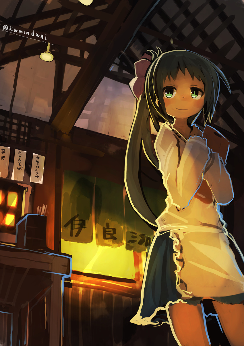 absurdres ahoge black_hair blue_skirt green_eyes hair_ribbon hands_on_own_chest highres irako_(kantai_collection) kaamin_(mariarose753) kantai_collection kappougi long_ponytail pleated_skirt ponytail restaurant ribbon skirt smile solo tray twitter_username