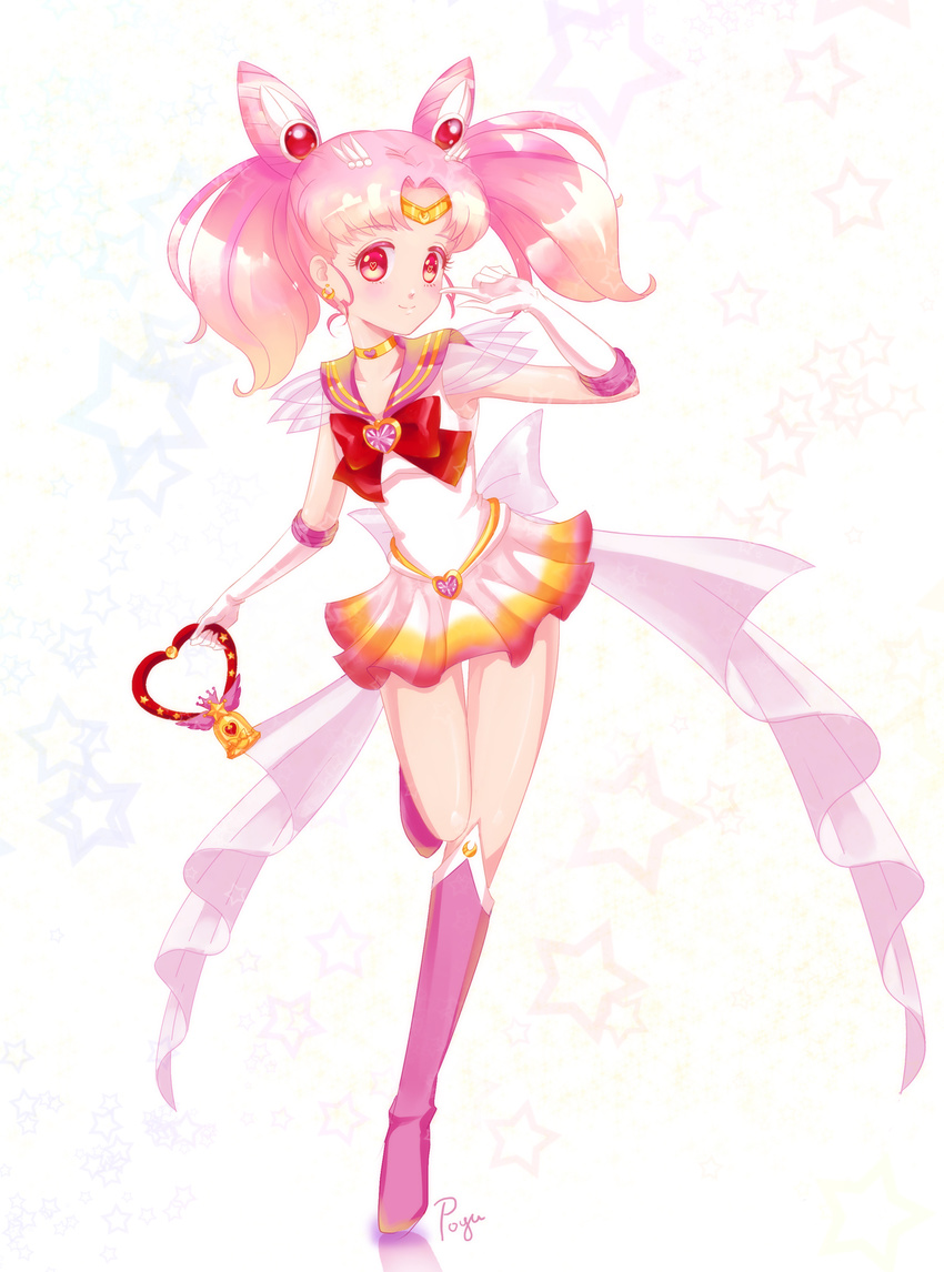 artist_name bell bishoujo_senshi_sailor_moon boots chibi_usa choker circlet crescent crescent_earrings crystal_carillon double_bun earrings elbow_gloves full_body gloves hair_ornament heart heart-shaped_pupils heart_choker highres holding jewelry knee_boots leg_up miniskirt multicolored multicolored_clothes multicolored_skirt pink_eyes pink_footwear pink_hair pink_sailor_collar pleated_skirt po_yu sailor_chibi_moon sailor_collar sailor_senshi_uniform signature skirt smile solo star starry_background super_sailor_chibi_moon symbol-shaped_pupils twintails white_background white_gloves