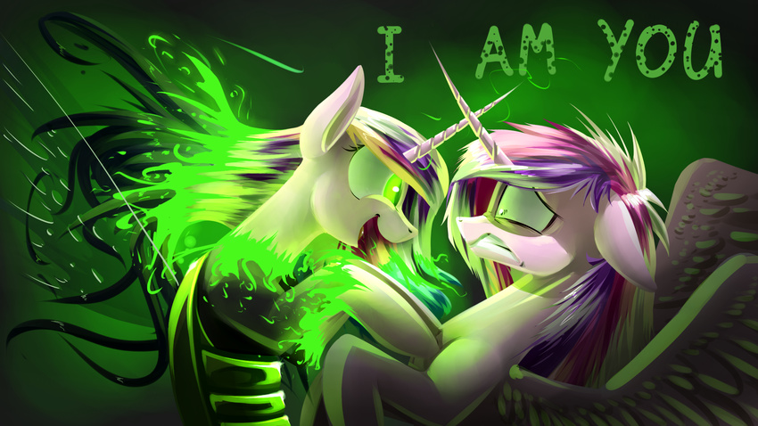 changeling dialogue duo english_text female friendship_is_magic green_eyes my_little_pony princess_cadance_(mlp) queen_chrysalis_(mlp) slit_pupils text transformation underpable