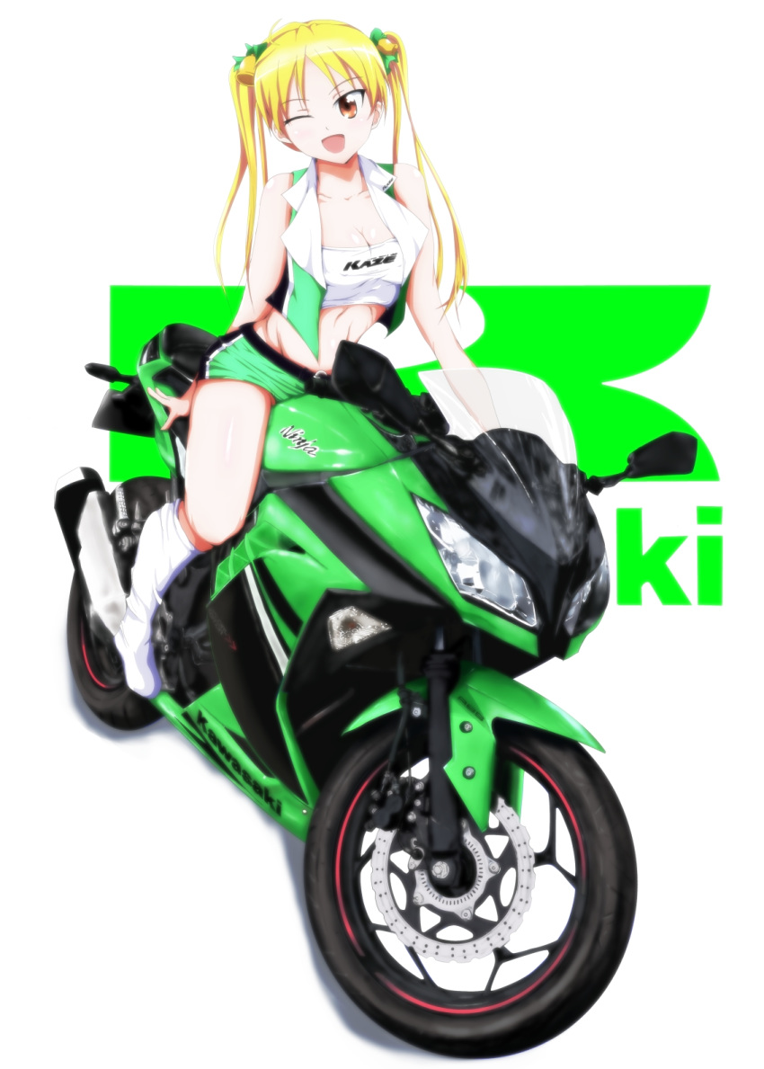 1girl ;d bakuon!! bell blonde_hair breasts brown_eyes cleavage commentary full_body ground_vehicle hair_bell hair_ornament highres kawasaki_ninja_250sl large_breasts long_hair looking_at_viewer mable midriff motor_vehicle motorcycle one_eye_closed open_mouth race_queen smile solo suzunoki_rin twintails white_background