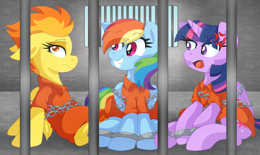 bound chain clothing cutie_mark equine feathered_wings feathers female friendship_is_magic group hair hi_res horn jumpsuit mammal multicolored_hair my_little_pony open_mouth orange_eyes pearlyiridescence pegasus purple_eyes rainbow_dash_(mlp) rainbow_hair restrained semi-anthro smile spitfire_(mlp) twilight_sparkle_(mlp) winged_unicorn wings wonderbolts_(mlp)