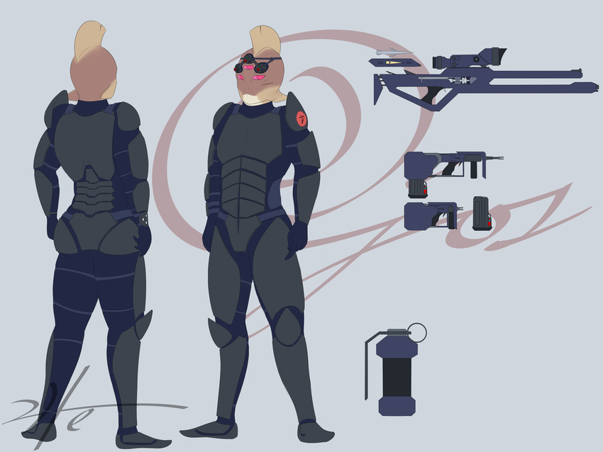 2016 3_eyes alien amphibian anthro armor clothed clothing digital_media_(artwork) explosives eyewear fish goggles grenade gun helium2 hi_res hylotl male marine model_sheet multi_eye railgun ranged_weapon rifle scope simple_background sniper sniper_rifle solo standing starbound submachine_gun video_games weapon