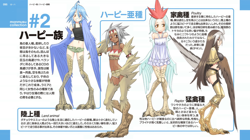 4girls ahoge blue_hair blue_wings breasts brown_eyes brown_hair brown_wings dark_skin dress end_card facial_mark feathered_wings flat_chest grey_hair harpy highres inui_takemaru knees_together_feet_apart land_animal_(monster_musume) long_hair monster_girl monster_musume_no_iru_nichijou multicolored_hair multiple_girls navel official_art okayado orange_eyes papi_(monster_musume) poultry_(monster_musume) raptor_(monster_musume) red_hair scales short_shorts shorts simple_background small_breasts smile sweatdrop talons translation_request very_long_hair white_hair wings