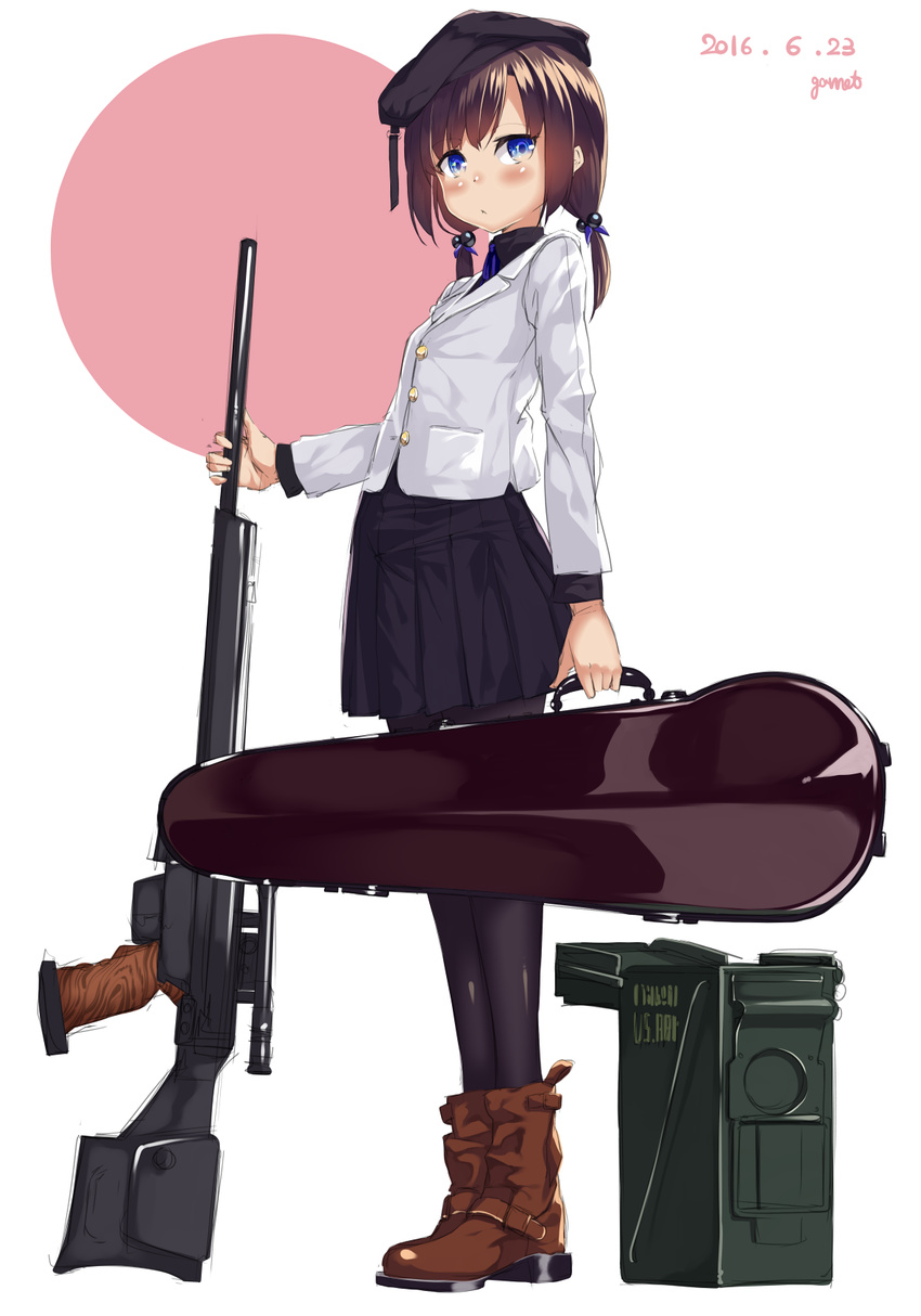 ammo_box black_legwear blue_eyes boots brown_hair dated garnet gun hat highres long_hair original pantyhose psg-1 rifle scope sniper_rifle solo weapon