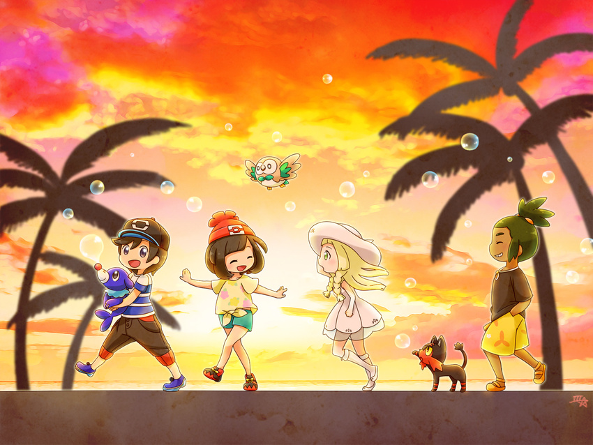 2girls baseball_cap black_hair blonde_hair braid brown_eyes bubble closed_eyes dark_skin dress gen_7_pokemon green_eyes green_hair hands_in_pockets hat hau_(pokemon) kneehighs lillie_(pokemon) litten mizuki_(pokemon) multiple_boys multiple_girls pokemon pokemon_(creature) pokemon_(game) pokemon_sm popplio rowlet samsung_(yuzuikka) see-through shirt short_hair shorts signature smile striped striped_shirt sun_hat sunset t-shirt tied_shirt twin_braids walking you_(pokemon)