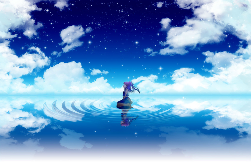 alternate_color bare_arms bare_shoulders barefoot black_hair blush bow cloud day expressionless from_side hair_bow hair_tubes hakurei_reimu haruki_(colorful_macaron) highres long_hair looking_afar profile reflection salt_flats sitting sitting_on_water skirt sky sleeveless solo star_(sky) starry_sky touhou wariza water