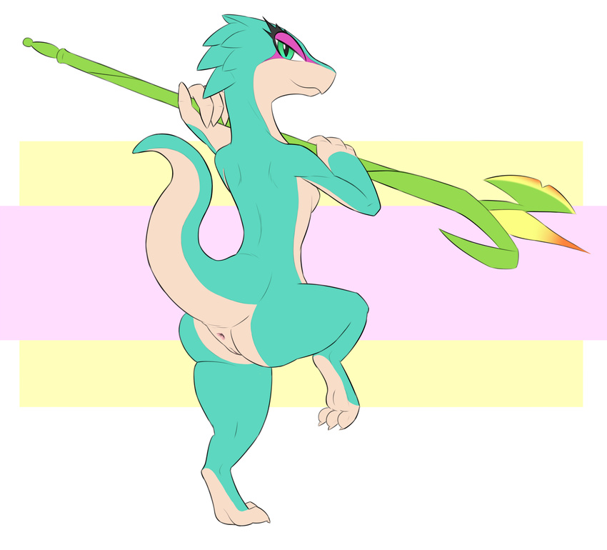 anthro anus butt ever_oasis female green_eyes green_scales kalama lizard looking_at_viewer looking_back melee_weapon miura nintendo polearm pussy raised_leg raised_tail reptile scales scalie solo spear video_games weapon white_scales