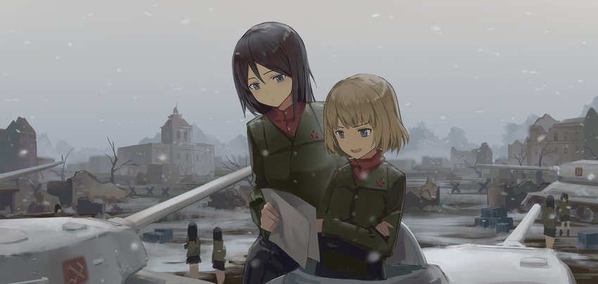 2girls black_hair blonde_hair building combat_vehicle dualscreen gensou_kuro_usagi girls_und_panzer katyusha long_hair nonna short_hair snow winter