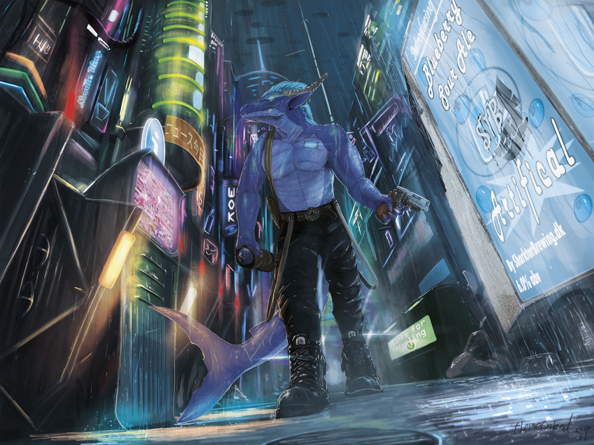 4_fingers anthro boots city clothed clothing fish footwear gun horn hybrid male marine neon outside pants partially_clothed raining ranged_weapon shark solo t&eacute;st themefinland walking weapon