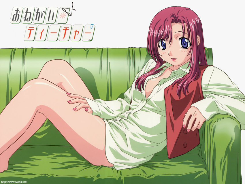 blue_eyes couch dress_shirt gouda_hiroaki hand_on_own_thigh kazami_mizuho leaning_back lipstick long_hair long_sleeves looking_at_viewer makeup nail_polish on_couch onegai_teacher open_clothes open_shirt red_hair shirt solo vest