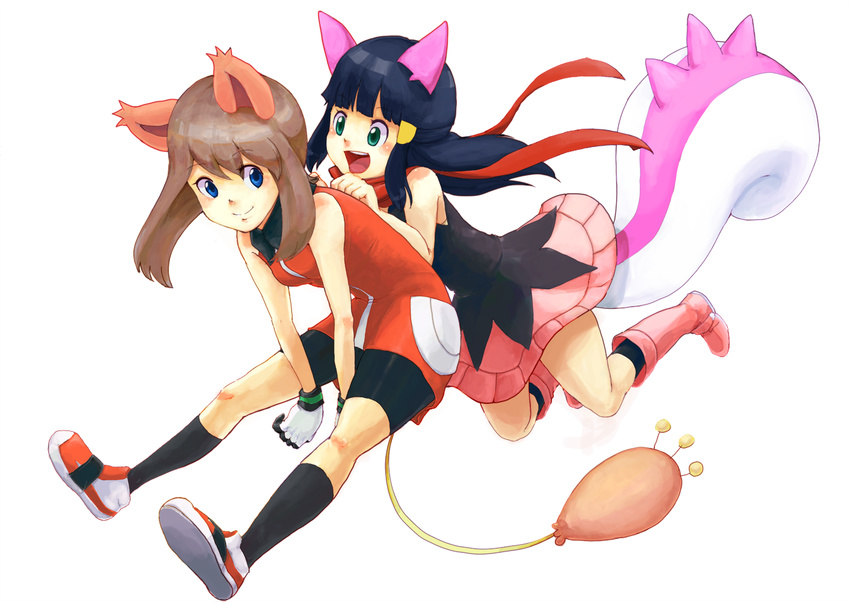 alternate_color animal_ears azuma_yukihiko bike_shorts blue_eyes blue_hair boots brown_hair cosplay costume gen_3_pokemon gen_4_pokemon green_eyes haruka_(pokemon) hikari_(pokemon) kemonomimi_mode multiple_girls pachirisu pachirisu_(cosplay) pokemon red_scarf scarf shiny_pokemon skirt skitty skitty_(cosplay) smile socks tail