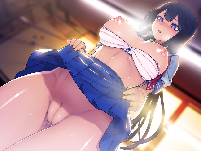 black_hair blush bra bra_pull breasts dutch_angle heavy_breathing highres lamp large_breasts long_hair munashi_mujou nipples no_panties open_mouth pleated_skirt purple_eyes pussy pussy_juice saimin_netori_himitsu_shidou school_uniform serafuku shiny shiny_skin skirt skirt_lift solo uncensored underwear white_bra window