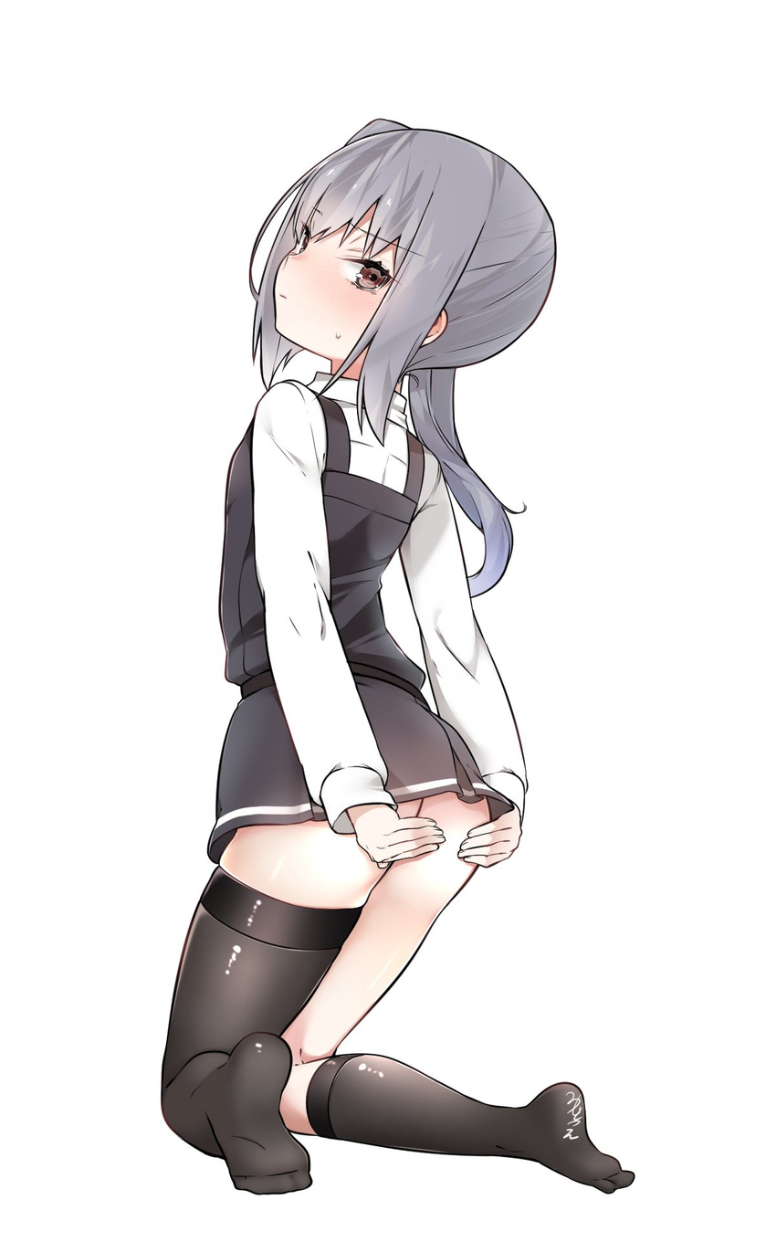 asymmetrical_legwear bad_id bad_twitter_id black_legwear blush brown_eyes commentary_request covering covering_ass dress eyebrows eyebrows_visible_through_hair highres kantai_collection kasumi_(kantai_collection) kneehighs long_hair long_sleeves looking_at_viewer looking_back mitsudoue no_panties no_shoes pinafore_dress remodel_(kantai_collection) school_uniform shirt side_ponytail silver_hair simple_background solo white_background white_shirt